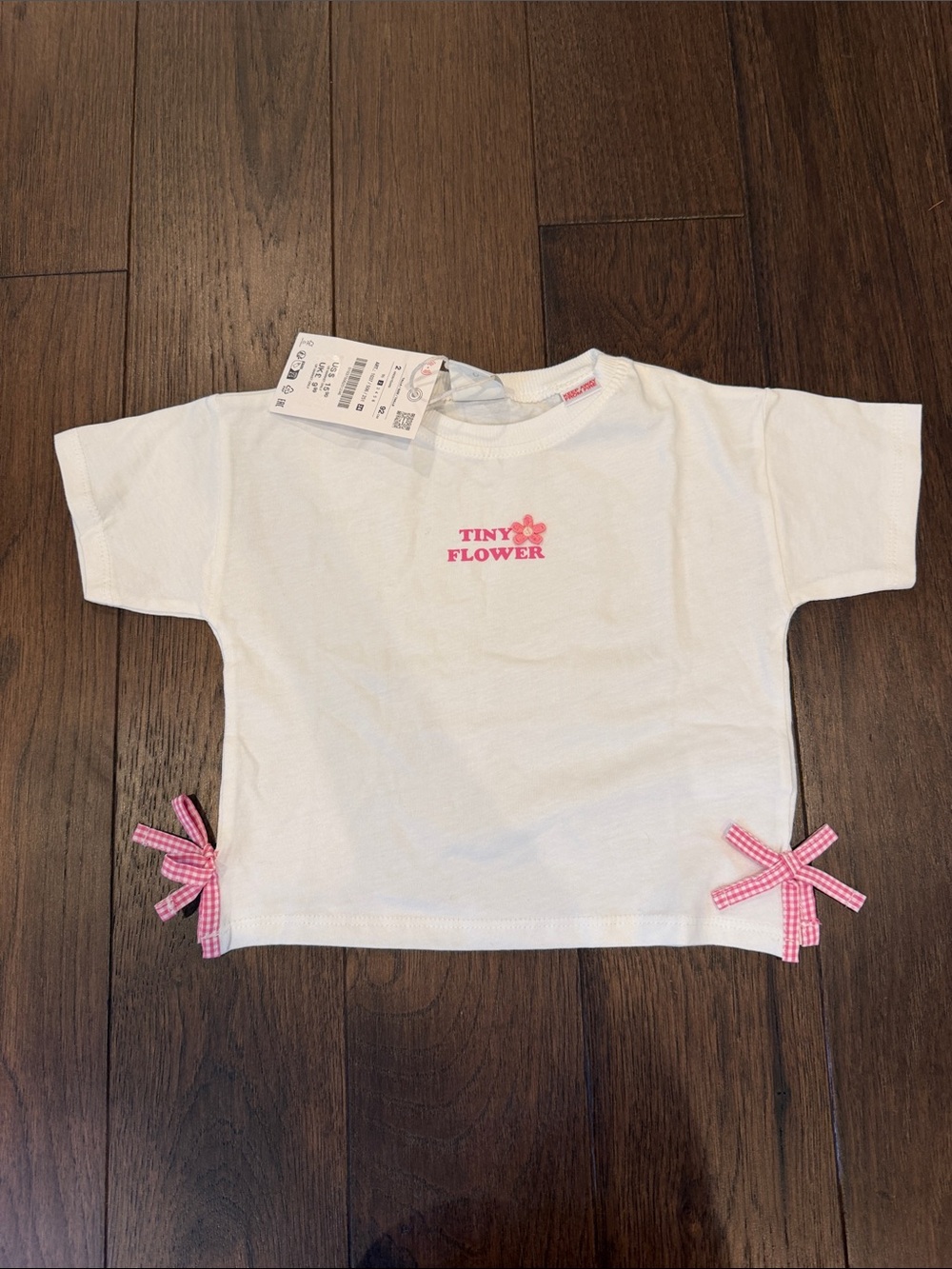 Zara White Tee with Pink Tiny Flower & Gingham Bows Size 2T NWT - C39-217
